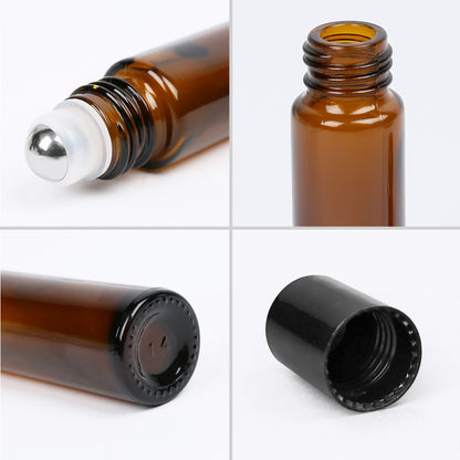 LotFancy Essential Oil Roller Bottles, 6pc 10ml Amber Glass Bottle with Roller Balls and Caps