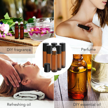 LotFancy Essential Oil Roller Bottles, 6pc 10ml Amber Glass Bottle with Roller Balls and Caps