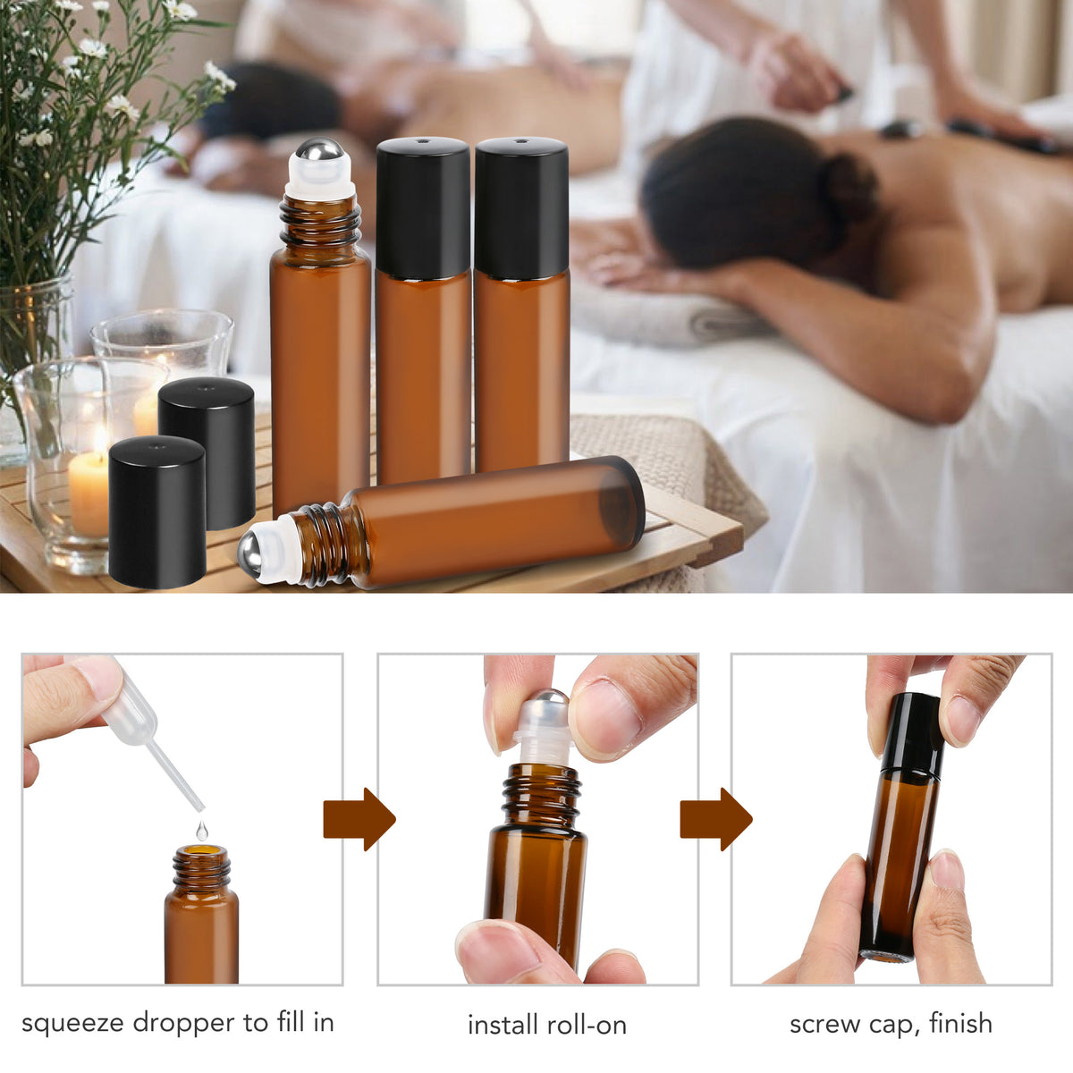 LotFancy Essential Oil Roller Bottles, 6pc 10ml Amber Glass Bottle with Roller Balls and Caps