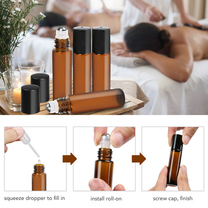 LotFancy Essential Oil Roller Bottles, 6pc 10ml Amber Glass Bottle with Roller Balls and Caps