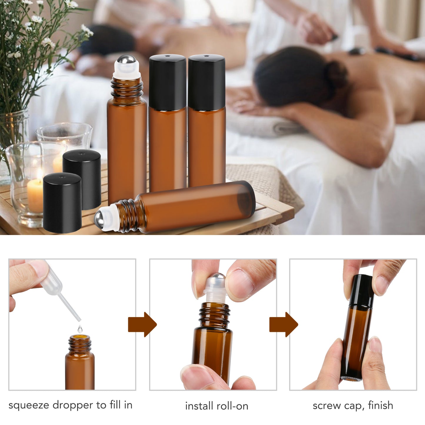 LotFancy Essential Oil Roller Bottles, 6pc 10ml Amber Glass Bottle with Roller Balls and Caps