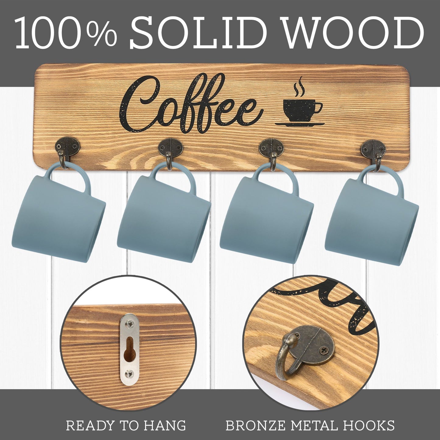 LotFancy Coffee Cup Holder, 3 Pcs Wall Mounted Mug Rack with 12 Hooks, Farmhouse Wood Cup Organizer