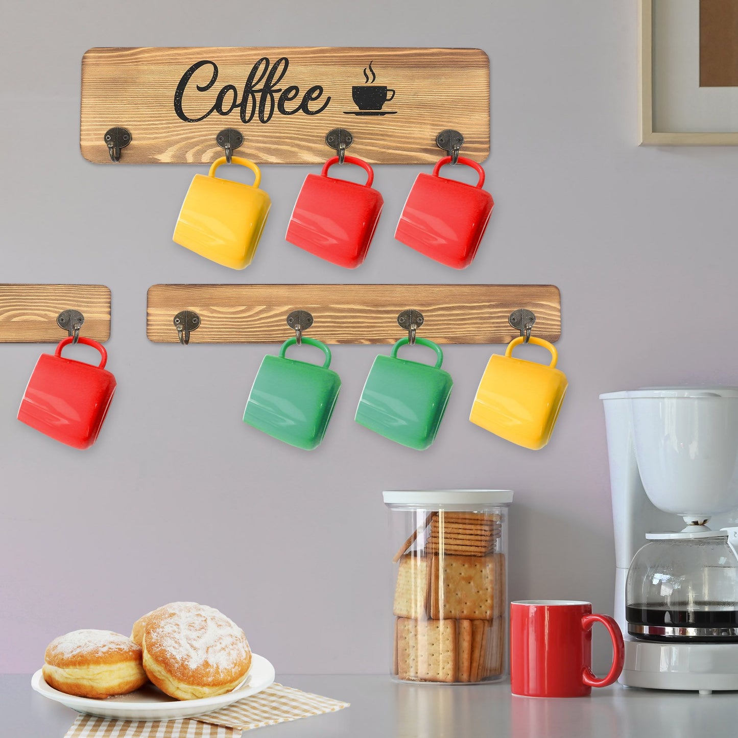 LotFancy Coffee Mug Holder, Rustic Mug Rack Wall Mounted, 4 Coffee Cup Hangers for Kitchen Organizer