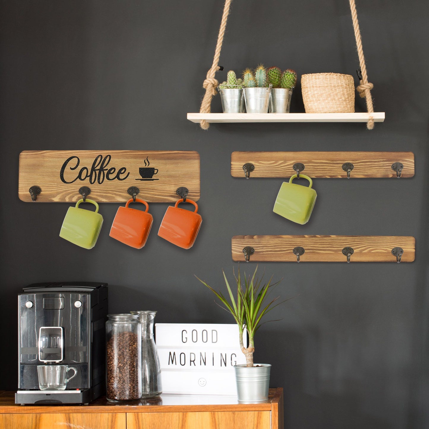 LotFancy Coffee Cup Holder, 3 Pcs Wall Mounted Mug Rack with 12 Hooks, Farmhouse Wood Cup Organizer