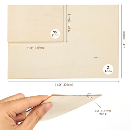 LotFancy 14pc Blank Plywood Unfinished Basswood Sheets for Crafts,12Pc 6x4x1/16 in, 2Pc 12x8x1/16 in