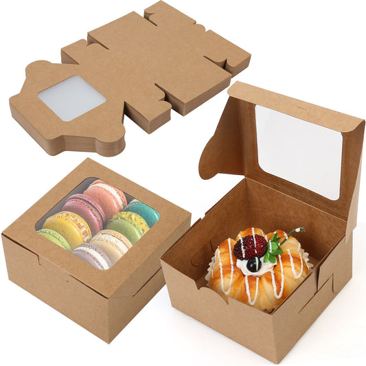 LotFancy 60 Pcs Bakery Boxes with Window, 4x4x2.3 in Pastry Boxes for Cookies, Macarons,Brown