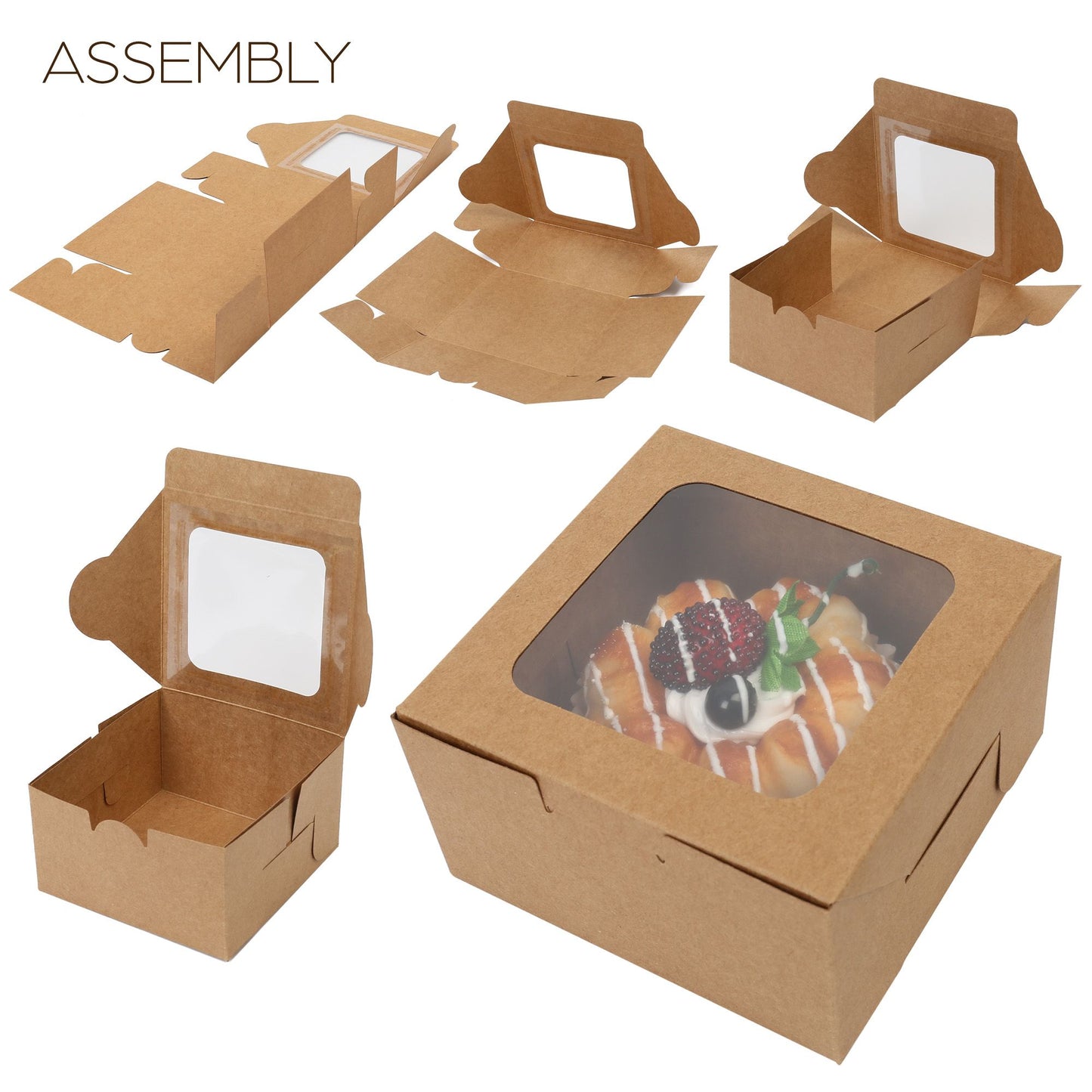 LotFancy 60 Pcs Bakery Boxes with Window, 4x4x2.3 in Pastry Boxes for Cookies, Macarons,Brown