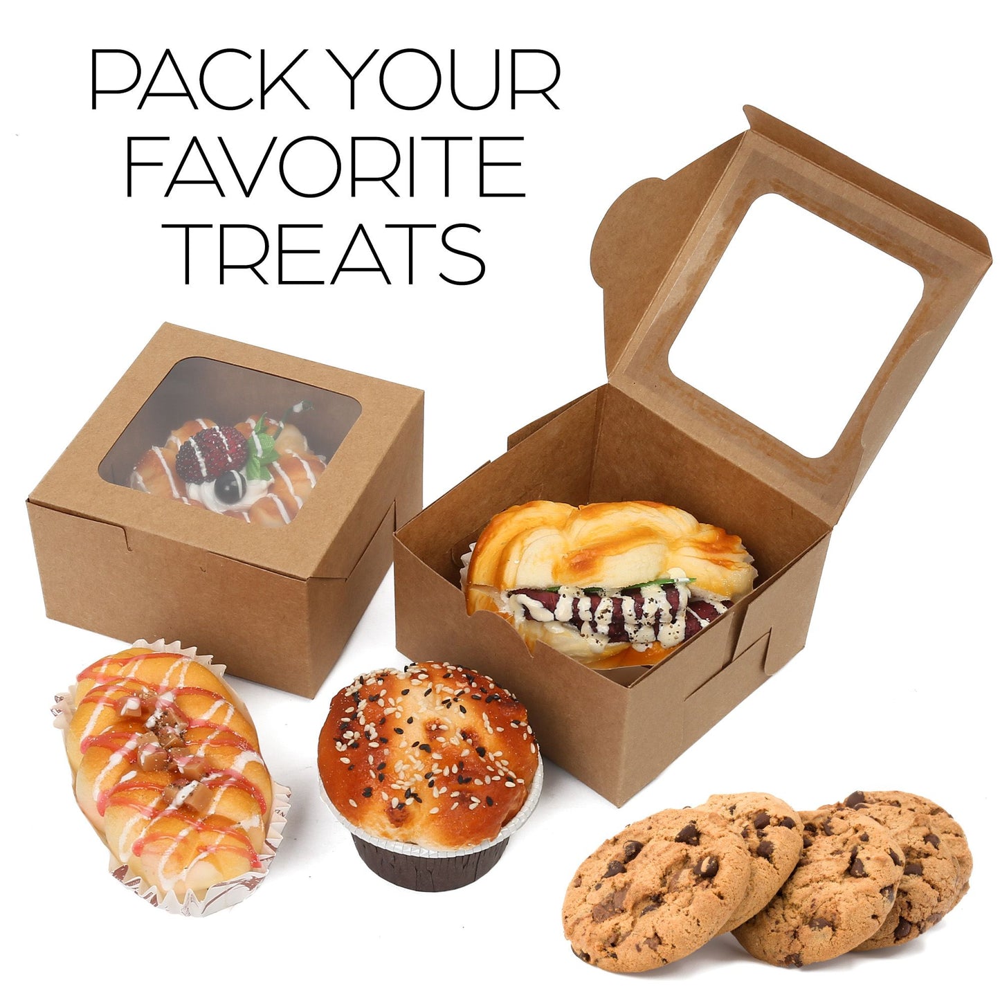 LotFancy 60 Pcs Bakery Boxes with Window, 4x4x2.3 in Pastry Boxes for Cookies, Macarons,Brown