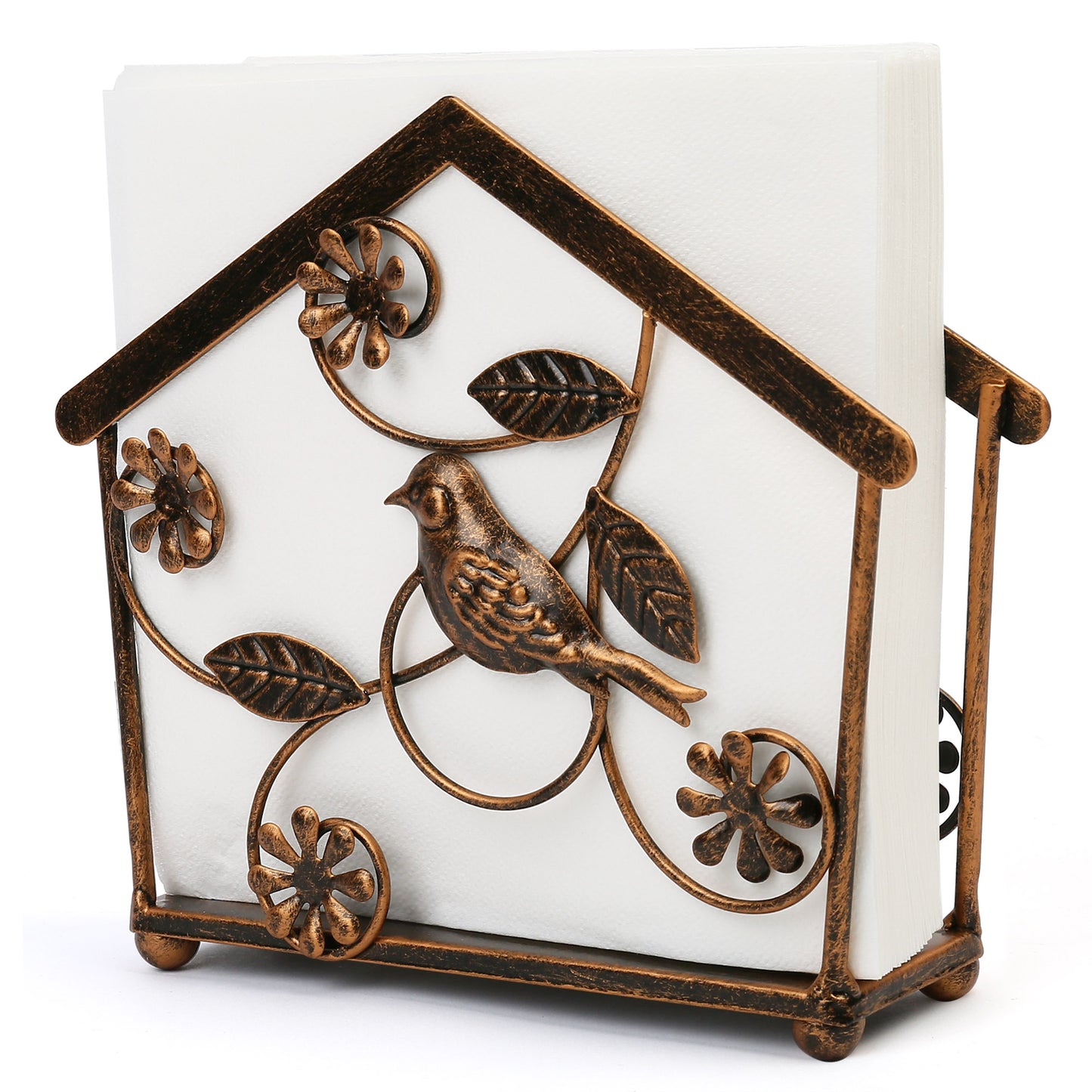 LotFancy Cast Iron Napkin Holder, Upright Paper Napkin Dispenser Stand for Home, Kitchen, Tables, Indoor, Outdoor, Bird & Flower Design