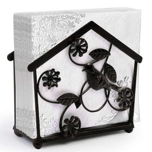 LotFancy Cast Iron Napkin Holder, Upright Paper Napkin Dispenser Stand for Home, Kitchen, Tables, Indoor, Outdoor, Bird & Flower Design