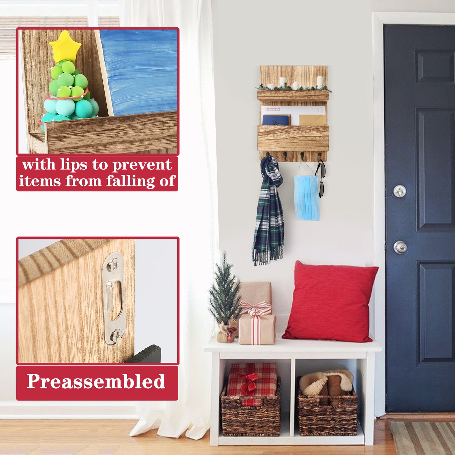 LotFancy Key Holder, Mail Organizer Wall Mount, Wooden Mail Sorter for Entryway, Hallway