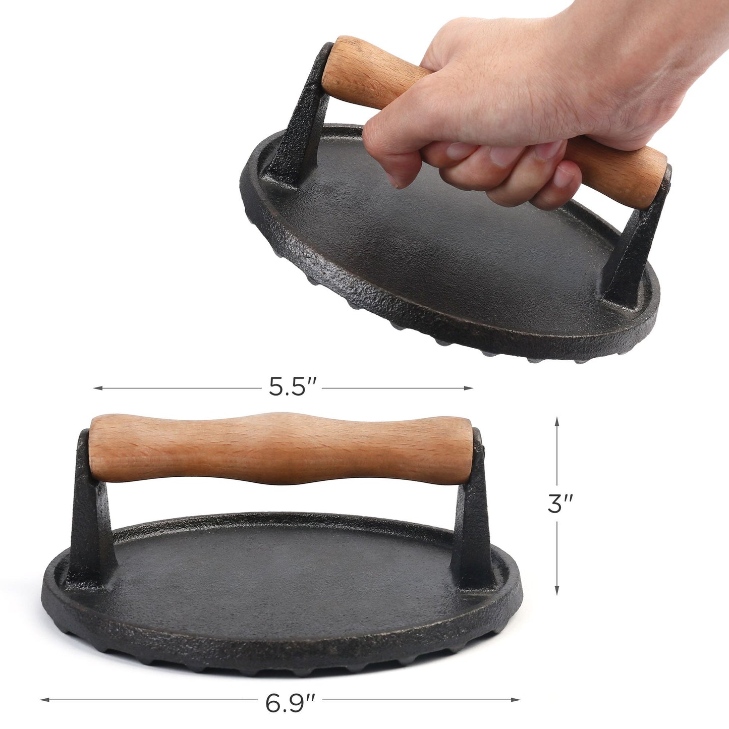 LotFancy Burger Press, 7" Heavy-Duty Cast Iron Burger Smasher for Griddle, Bbq, Cookouts, Round