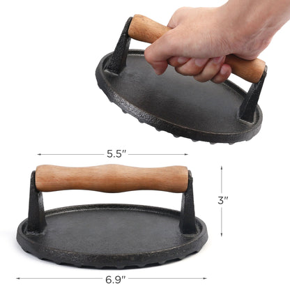 LotFancy Burger Press, 7" Heavy-Duty Cast Iron Burger Smasher for Griddle, Bbq, Cookouts, Round