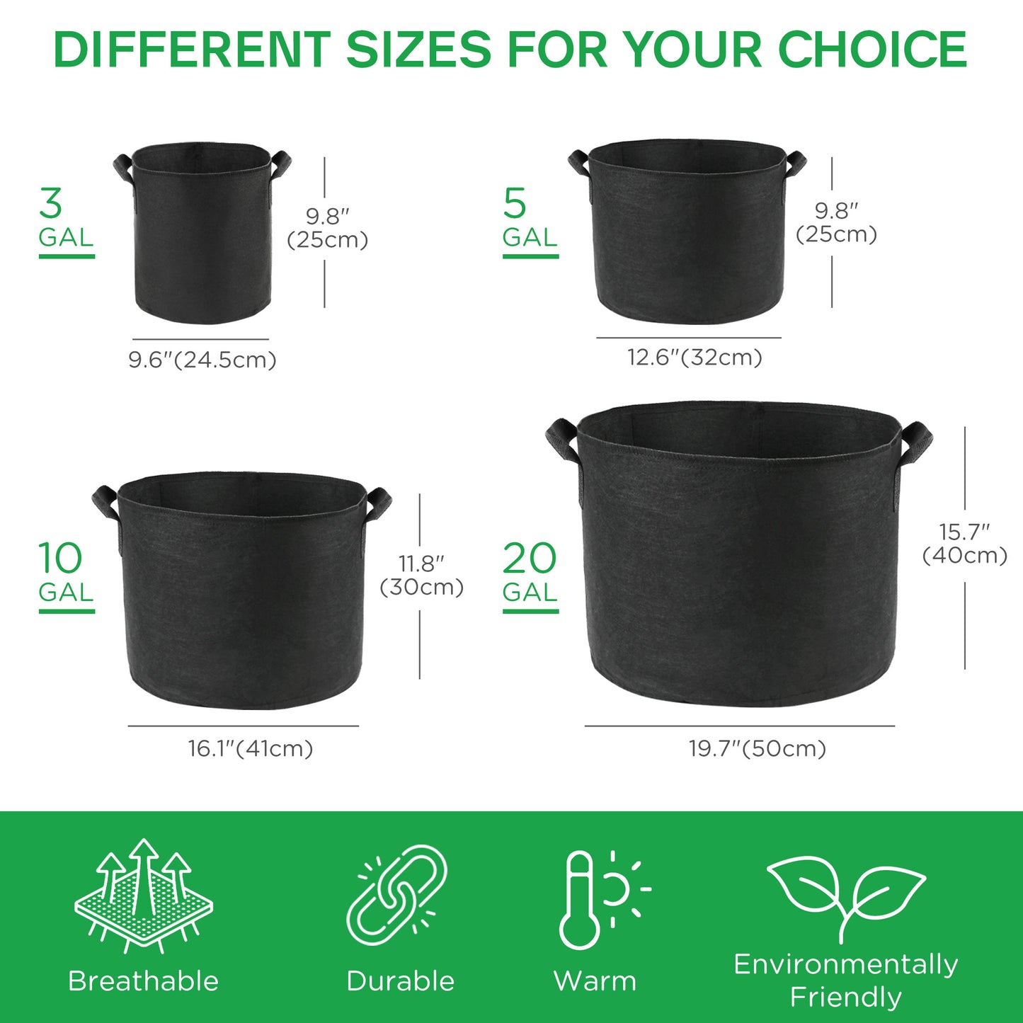 LotFancy Grow Bags, Thickened Nonwoven Fabric Pots with Reinforced Handles, Heavy Duty Aeration Planter Bags for Vegetables Flowers Fruits, Black