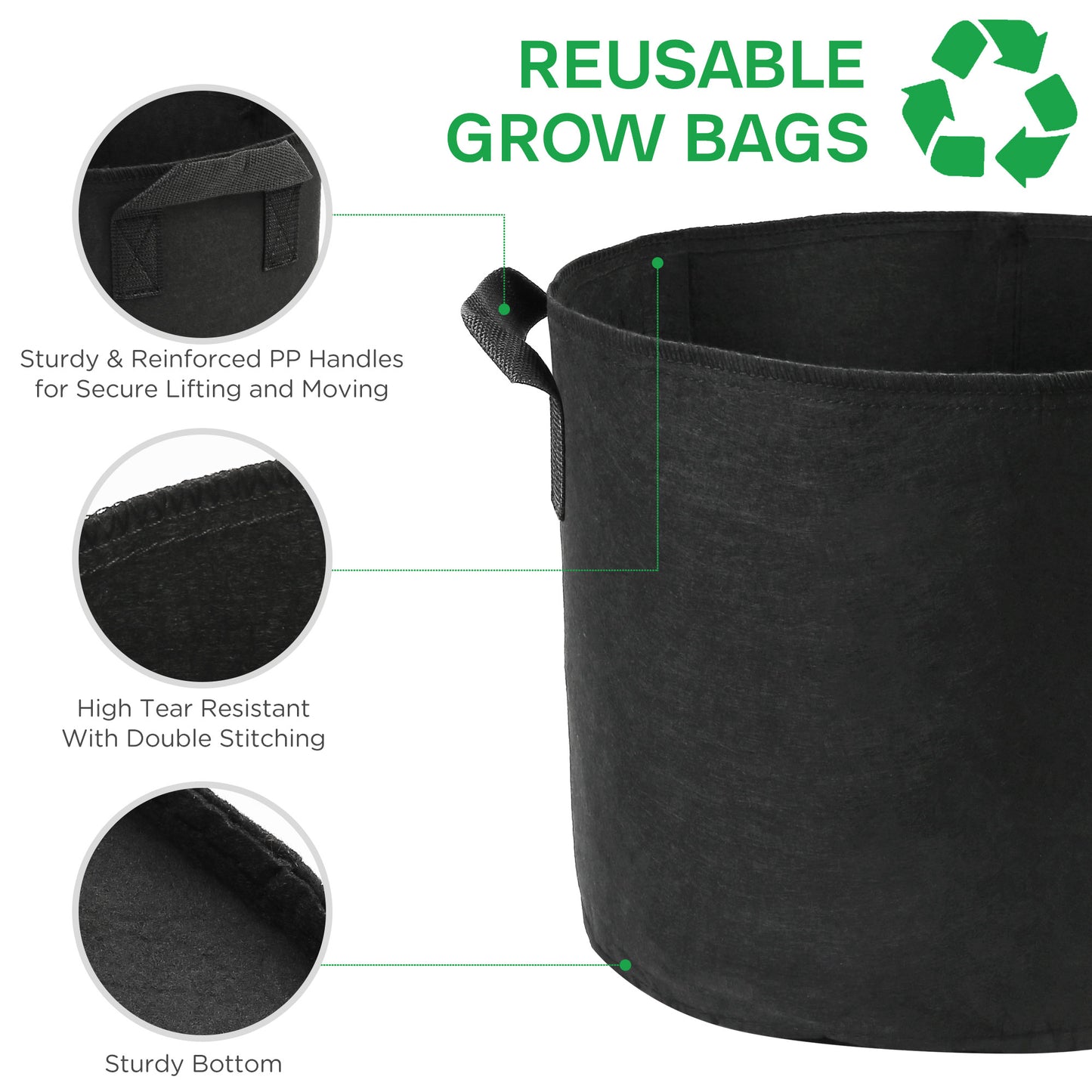 LotFancy Grow Bags, Thickened Nonwoven Fabric Pots with Reinforced Handles, Heavy Duty Aeration Planter Bags for Vegetables Flowers Fruits, Black