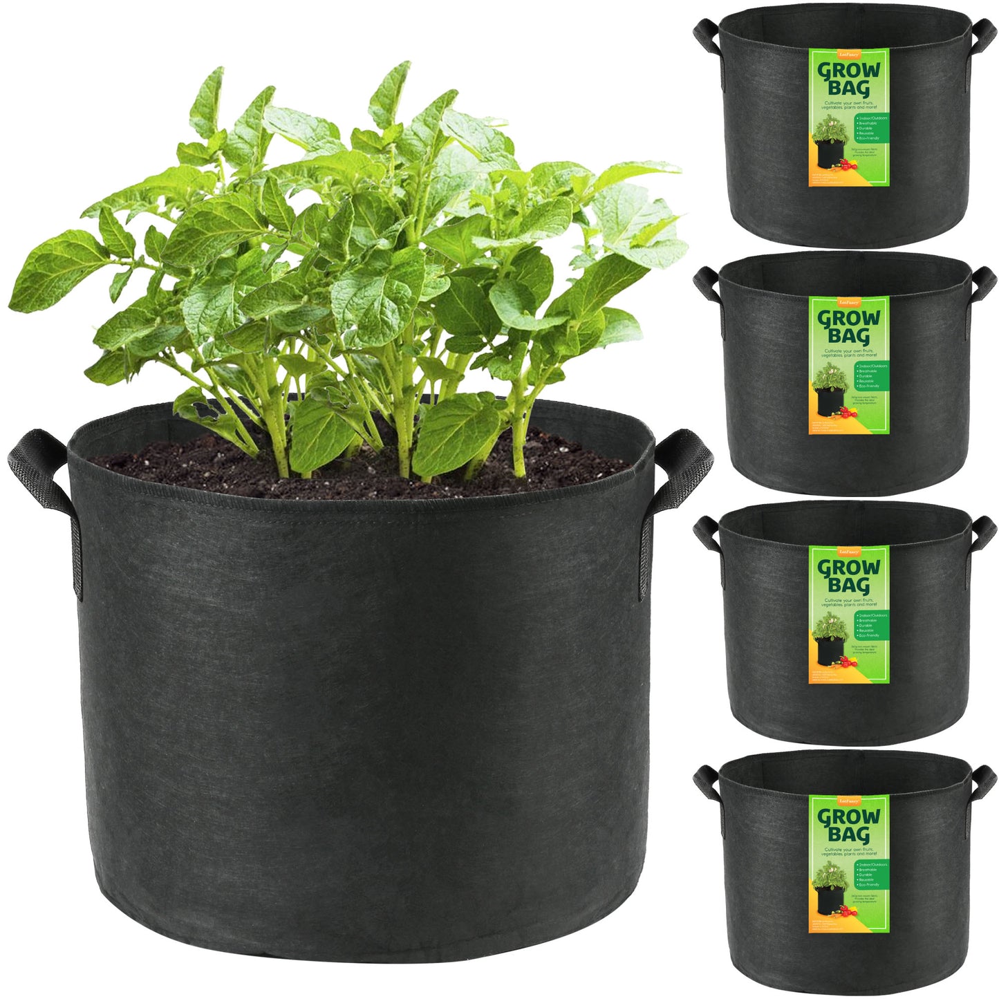 LotFancy Grow Bags, Thickened Nonwoven Fabric Pots with Reinforced Handles, Heavy Duty Aeration Planter Bags for Vegetables Flowers Fruits, Black