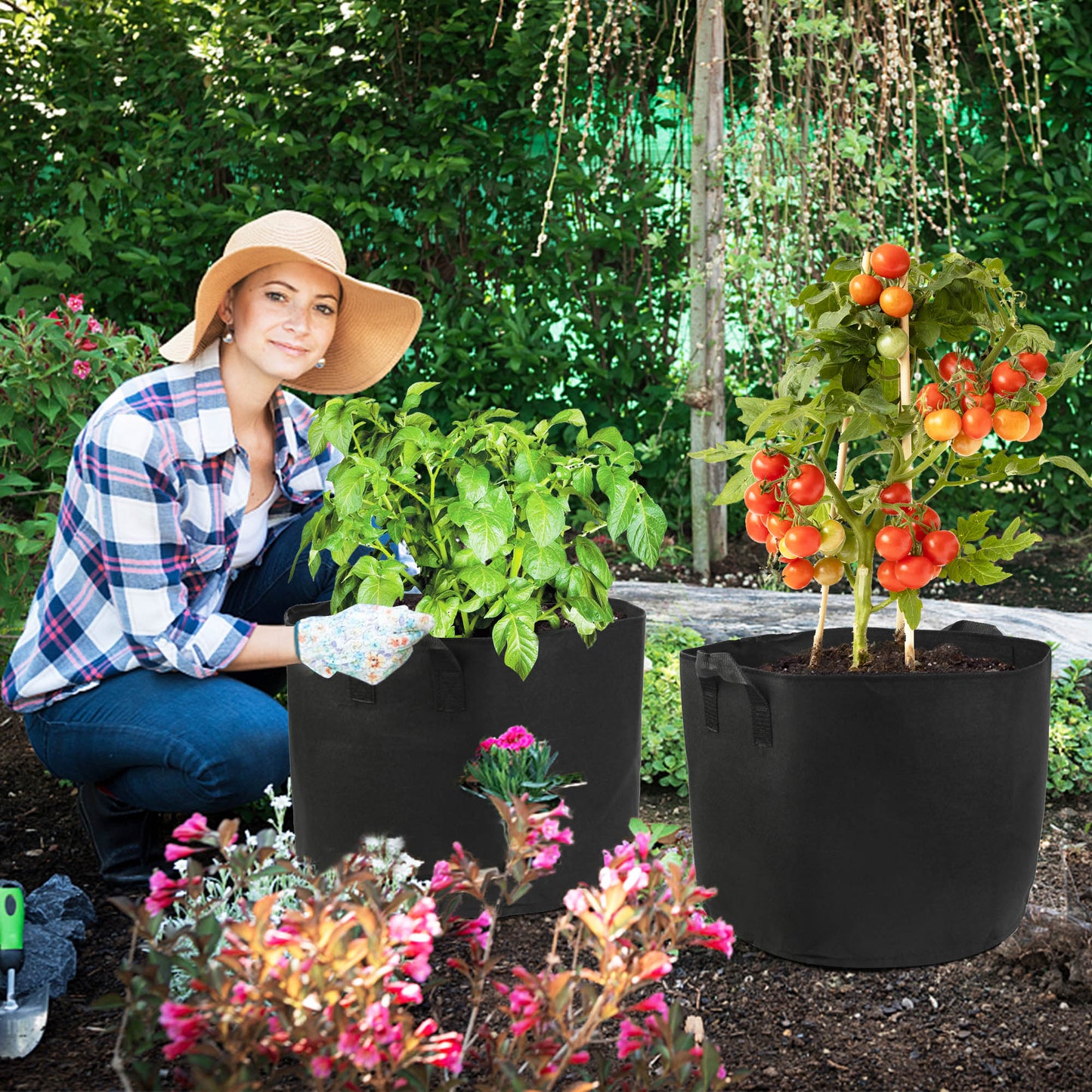 LotFancy Grow Bags, Thickened Nonwoven Fabric Pots with Reinforced Handles, Heavy Duty Aeration Planter Bags for Vegetables Flowers Fruits, Black