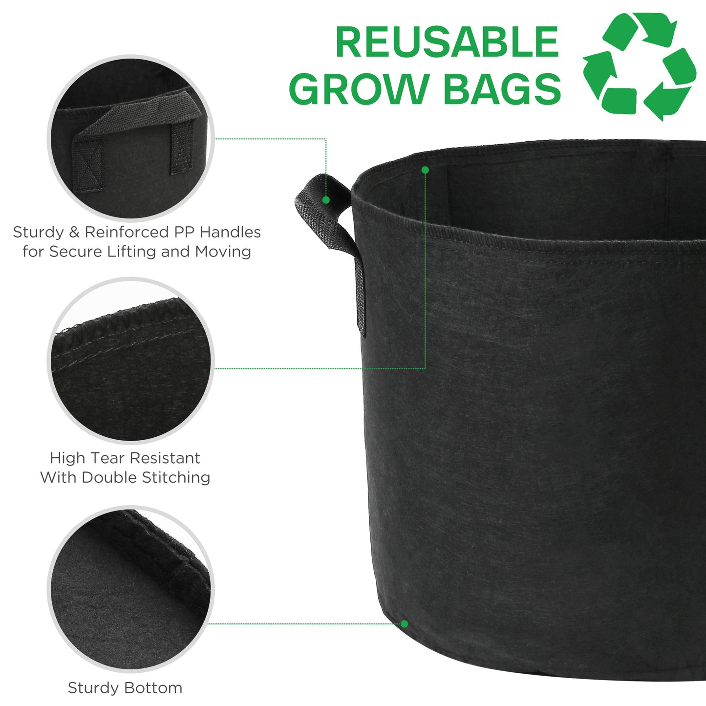 LotFancy Grow Bags, Thickened Nonwoven Fabric Pots with Reinforced Handles, Heavy Duty Aeration Planter Bags for Vegetables Flowers Fruits, Black