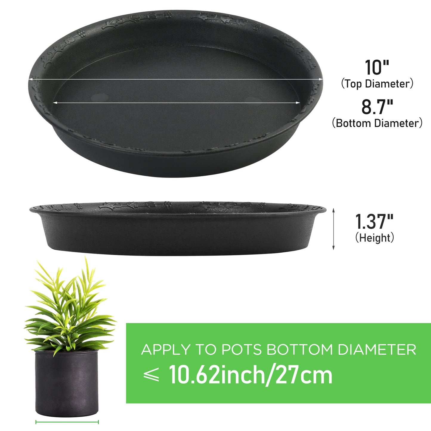 LotFancy 3 Pcs 10 in Plastic Plant Saucers, Black