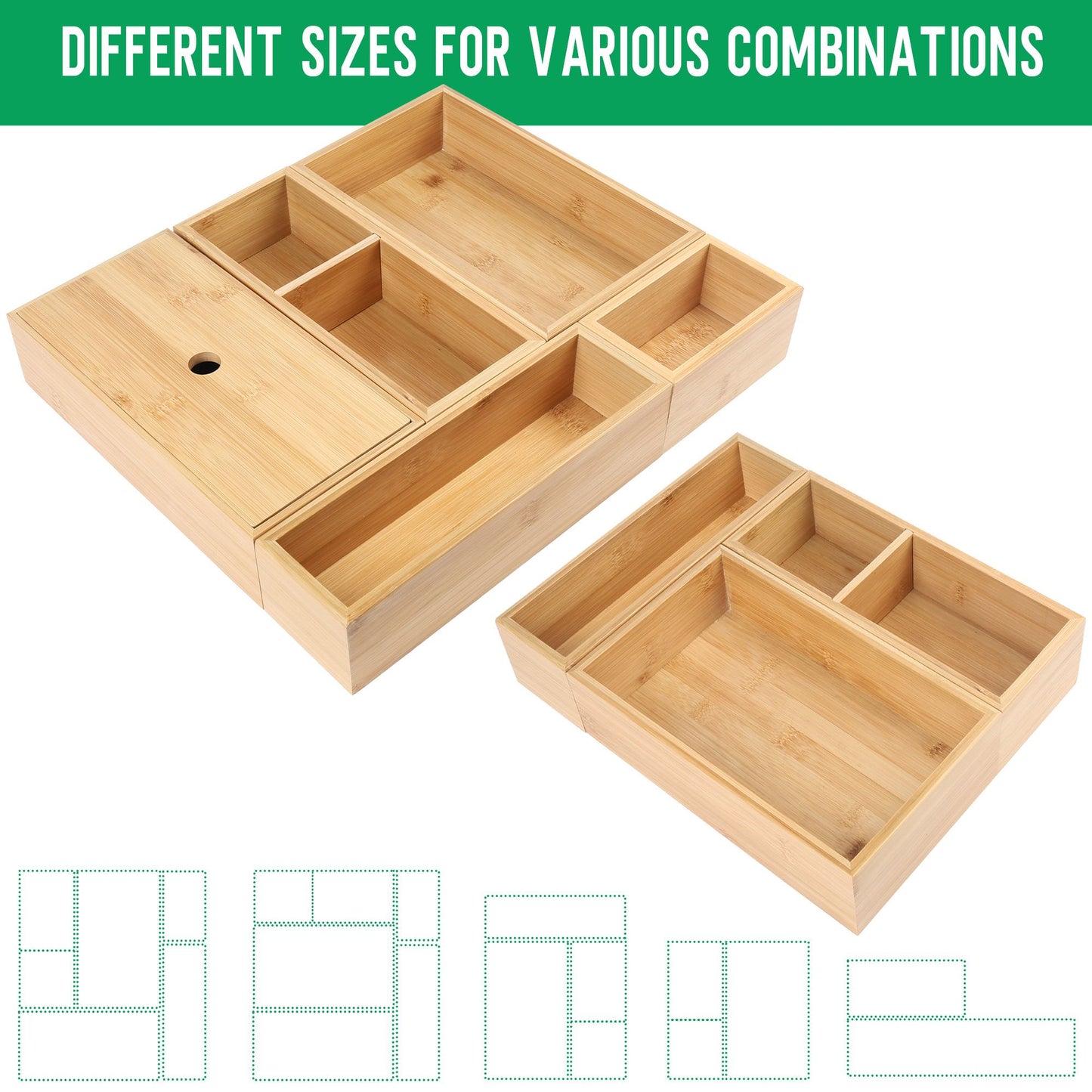 LotFancy 5 Pcs Bamboo Drawer Organizer Storage Box for Kitchen, Bathroom, Office Desk, Makeup