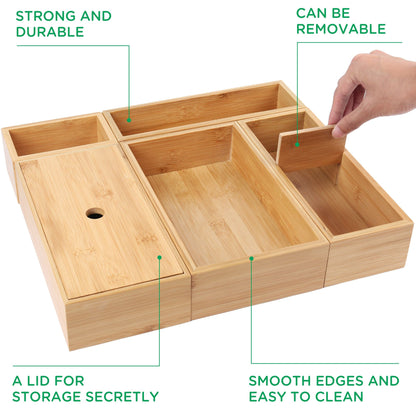 LotFancy 5 Pcs Bamboo Drawer Organizer Storage Box for Kitchen, Bathroom, Office Desk, Makeup