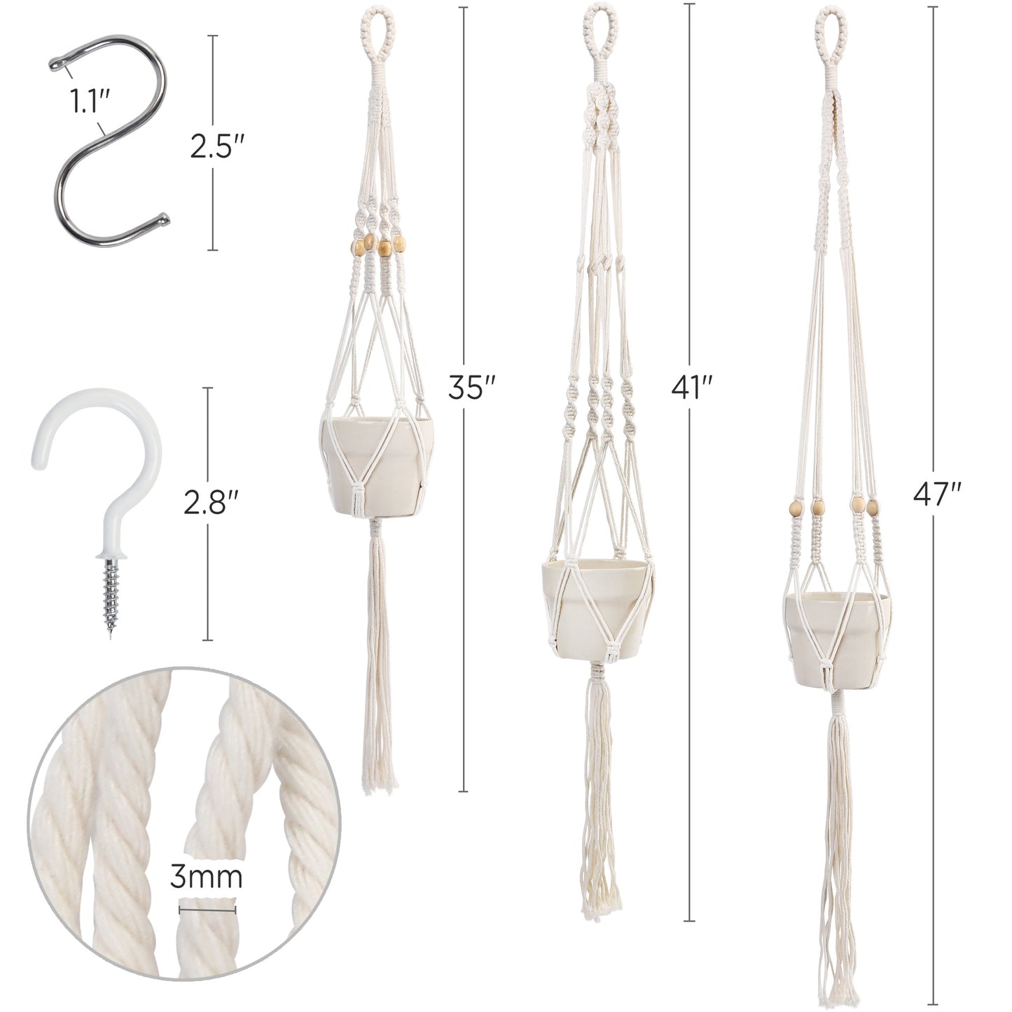 LotFancy 3 Cotton Rope Plant Hangers with 6 Hooks