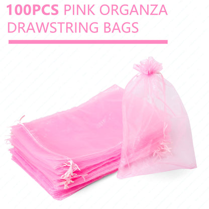 LotFancy 50Pcs 8x12 Large Organza Bags, Sheer Mesh Drawstring Gift Bags for Party Wedding Favor, Candy Toys Makeup Pouches, Pink