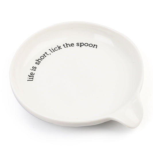 LotFancy Spoon Rest, Ceramic Spoon Holder, 5.2Inch, White (Life is short,lick the spoon)