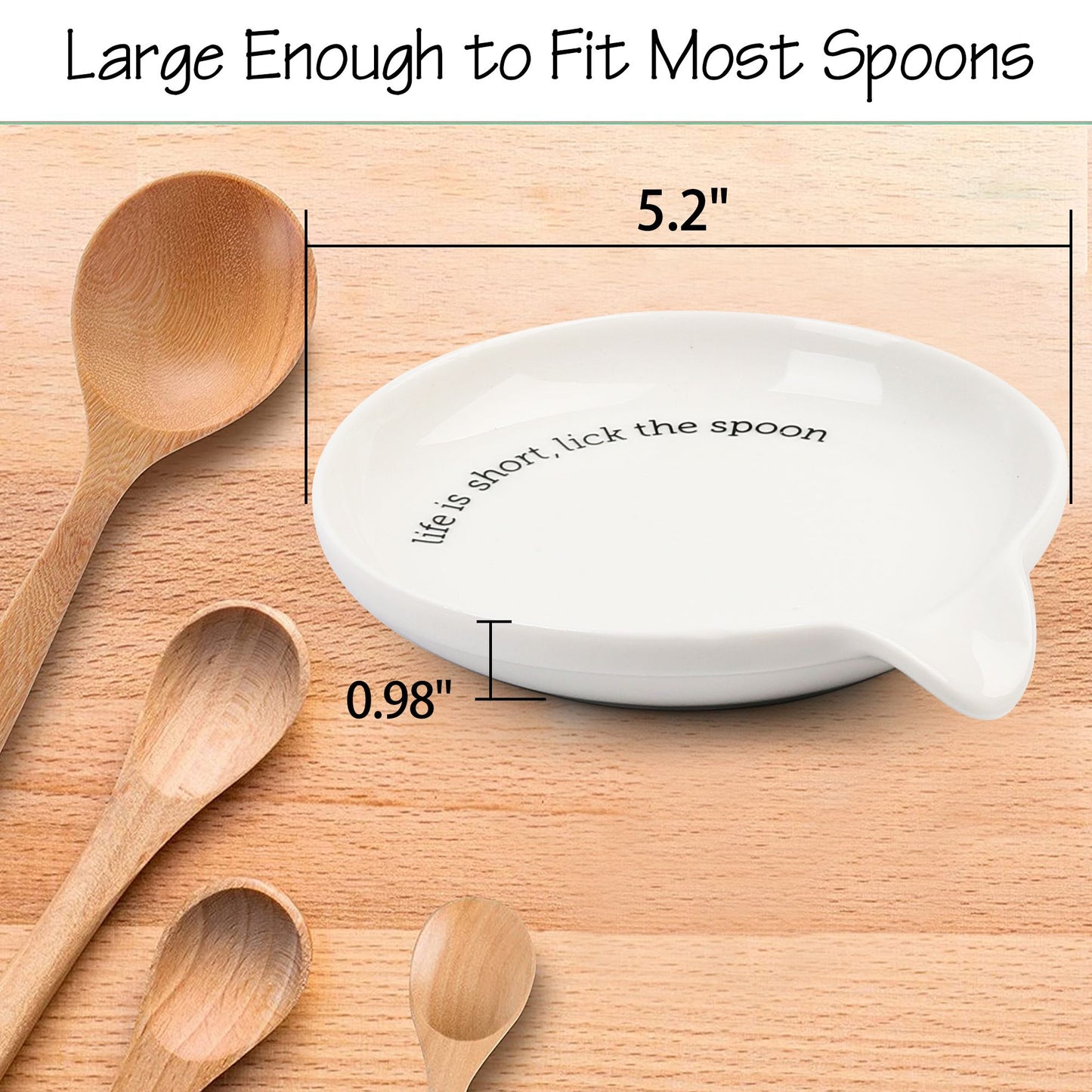 LotFancy Spoon Rest, Ceramic Spoon Holder, 5.2Inch, White (Life is short,lick the spoon)