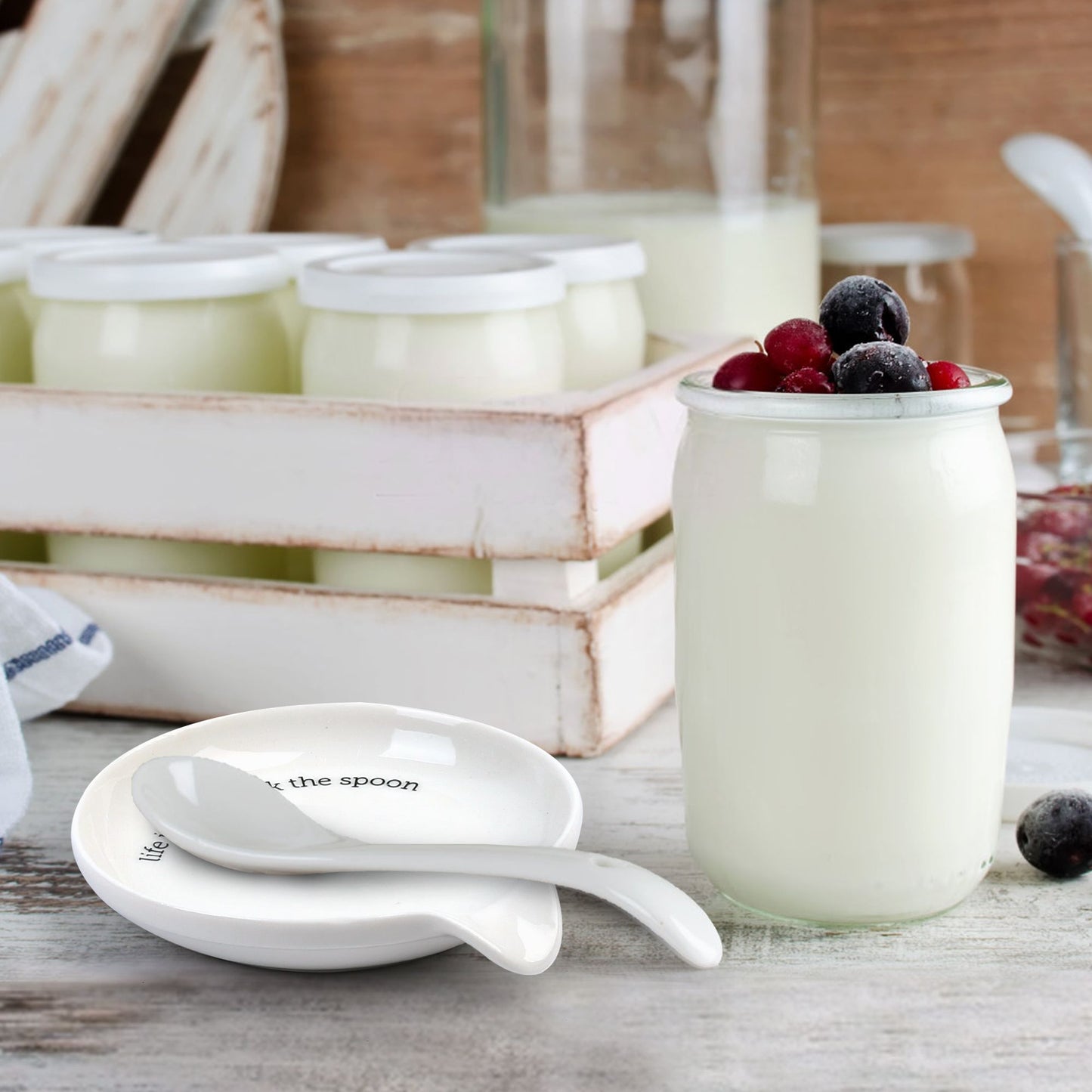 LotFancy Spoon Rest, Ceramic Spoon Holder, 5.2Inch, White (Life is short,lick the spoon)