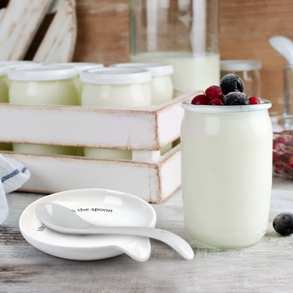 LotFancy Spoon Rest, Ceramic Spoon Holder, 5.2Inch, White (Life is short,lick the spoon)