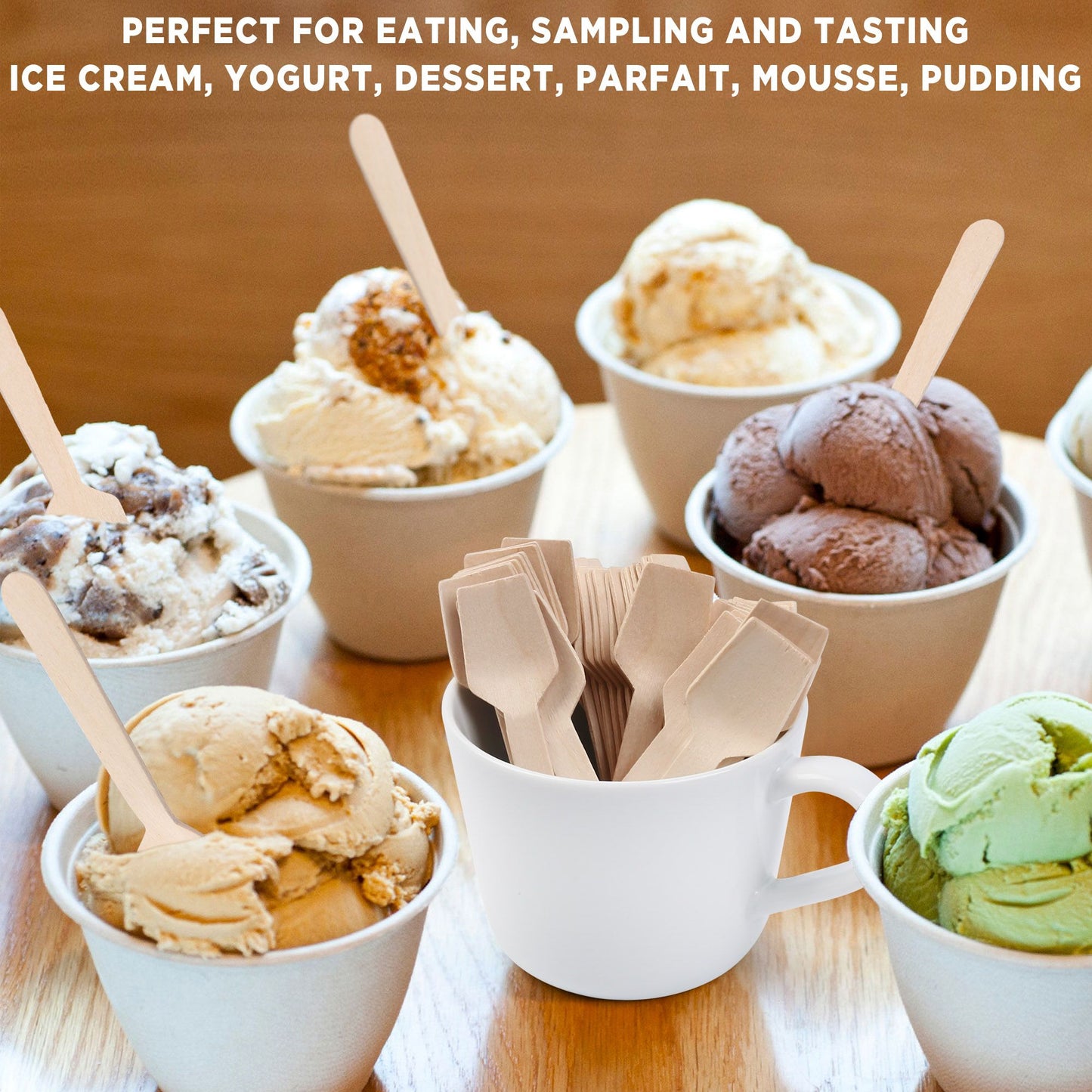 LotFancy 120 Mini Wooden Spoons, 3.75" Disposable Tasting Sampling Spoon with Concave Tip