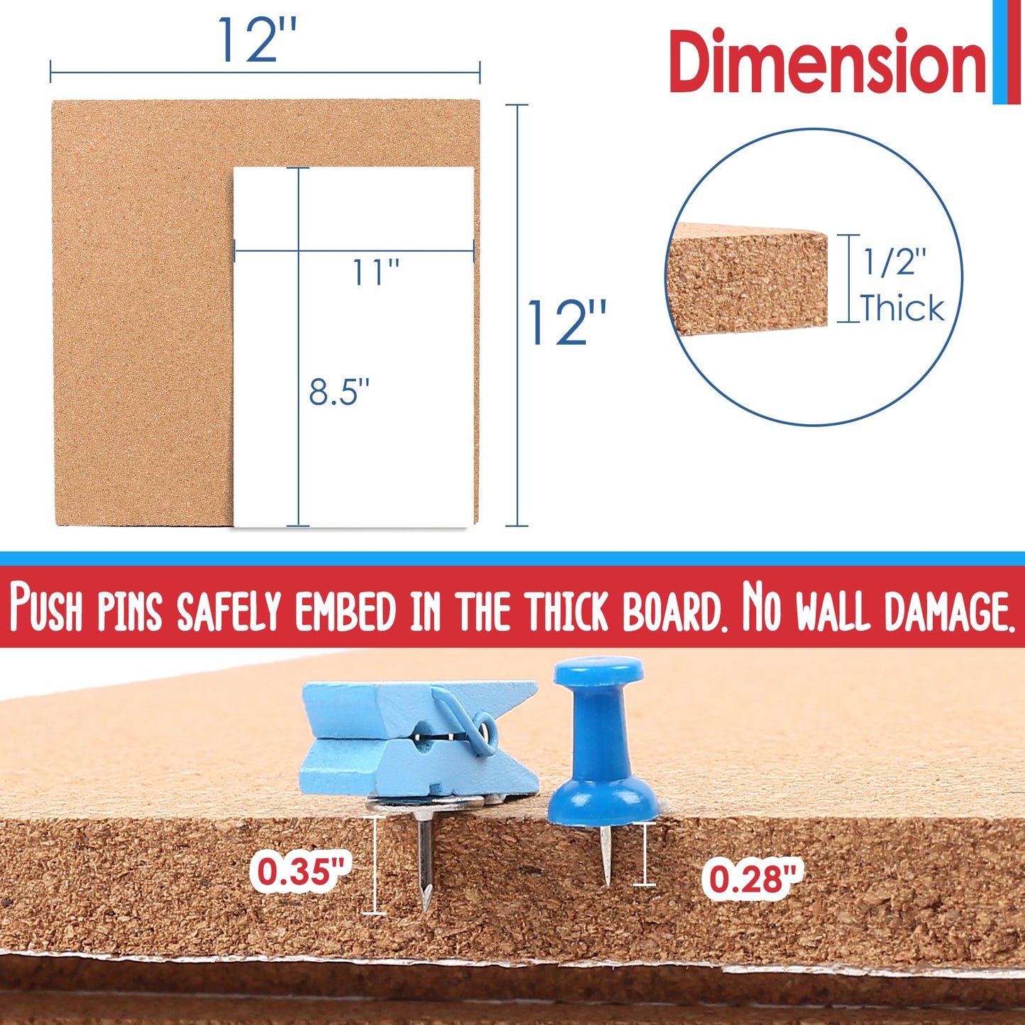 Cork Board 1/2" Thickness, with Push Pins, Frameless Cork Bulletin Board with Ultra Self Adhesive Backing