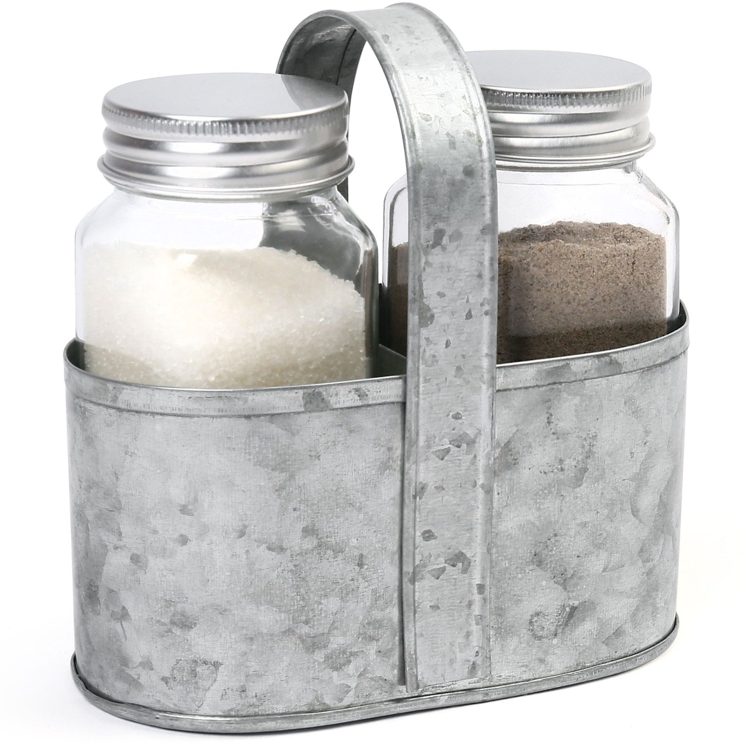 LotFancy Farmhouse Salt and Pepper Shakers Set with Lid, Glass Bottles with Galvanized Caddy Holder