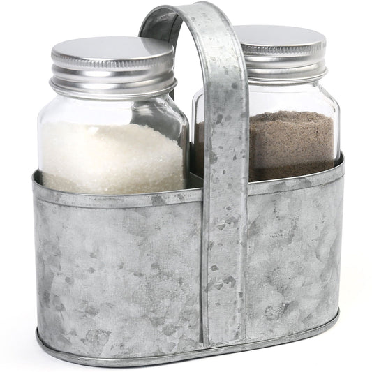 LotFancy Farmhouse Salt and Pepper Shakers Set with Lid, Glass Bottles with Galvanized Caddy Holder