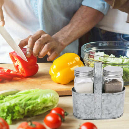 LotFancy Farmhouse Salt and Pepper Shakers Set with Lid, Glass Bottles with Galvanized Caddy Holder
