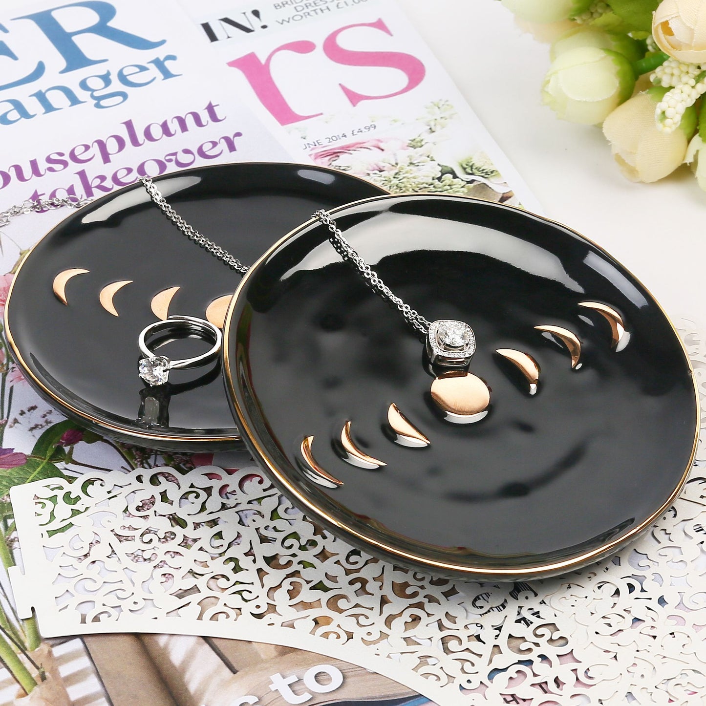 LotFancy Moon Ring Holder Dish, Ceramic Trinket Jewelry Tray for Earring Bracelet Necklace Wedding Engagement Gift