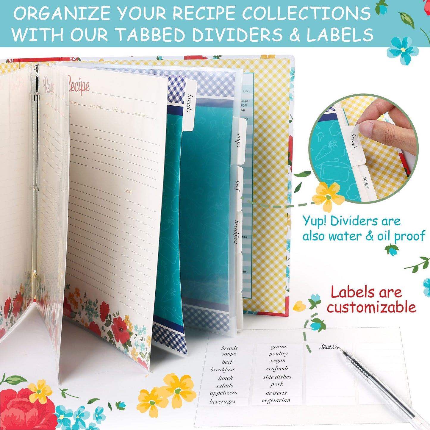 LotFancy Recipe Binder, with Blank Recipe Cards, Plastic Page Protectors, Tabbed Dividers, Labels - Kitchen Recipe Card Cookbook Binder Organizer Kit PMT