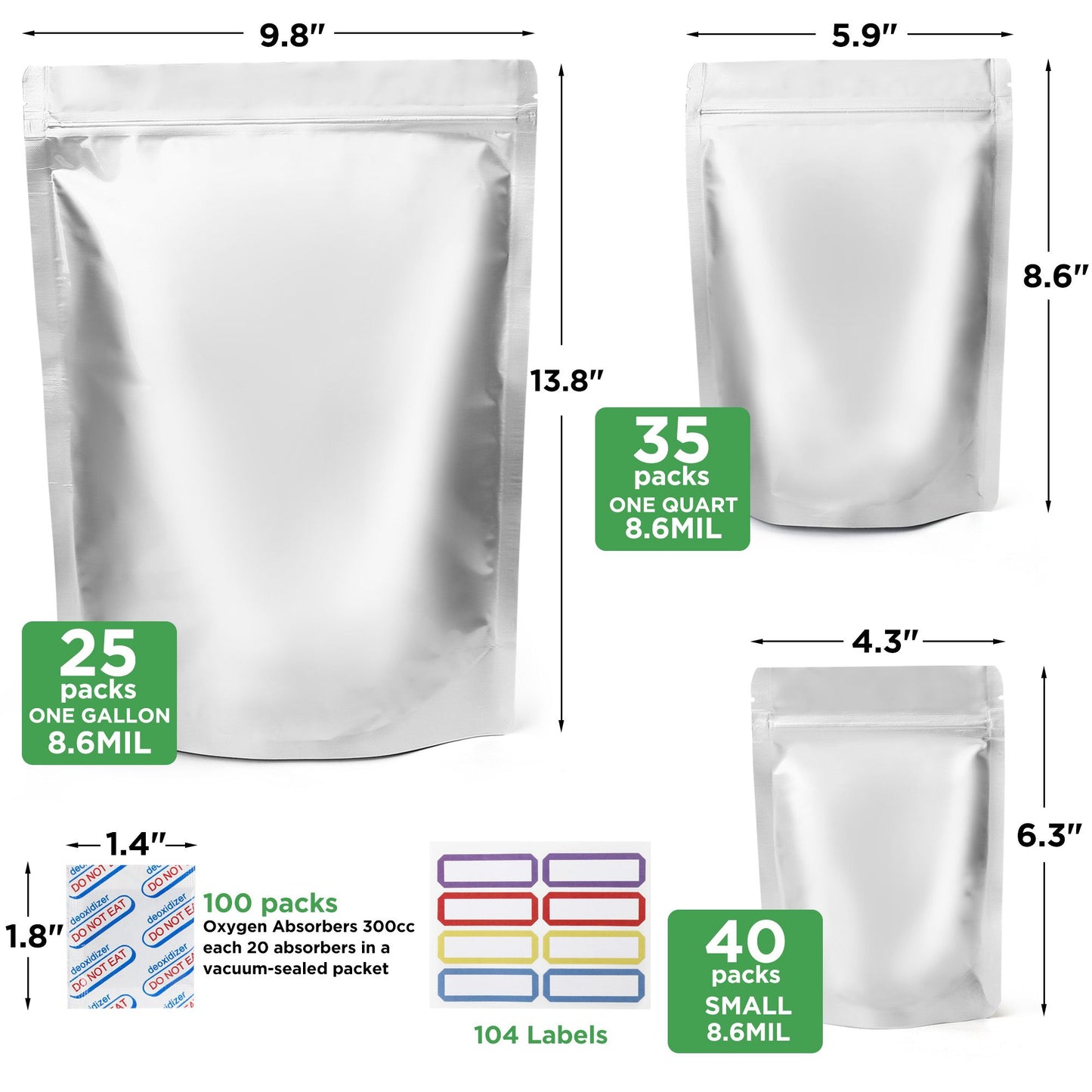 LotFancy Mylar Bags for Food Storage, 100 Pcs Resealable Foil Ziplock Bags, 3 Sizes (1 Gallon, 1 Quart, 0.5 Quart)