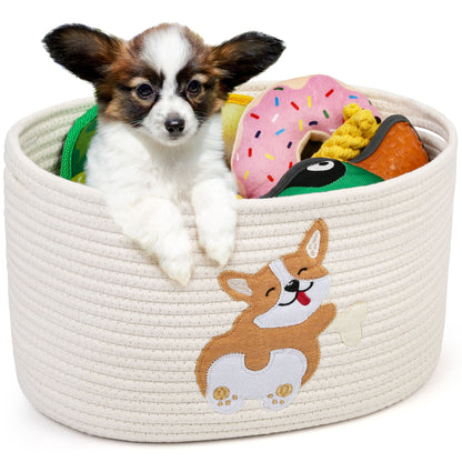 Prime Pets Cotton Rope Dog Toy Basket, Small Basket with Handles, Woven Storage Bin for Dogs Pets, 15x10x9 inch Pet Basket Container Holder for Toys PMT