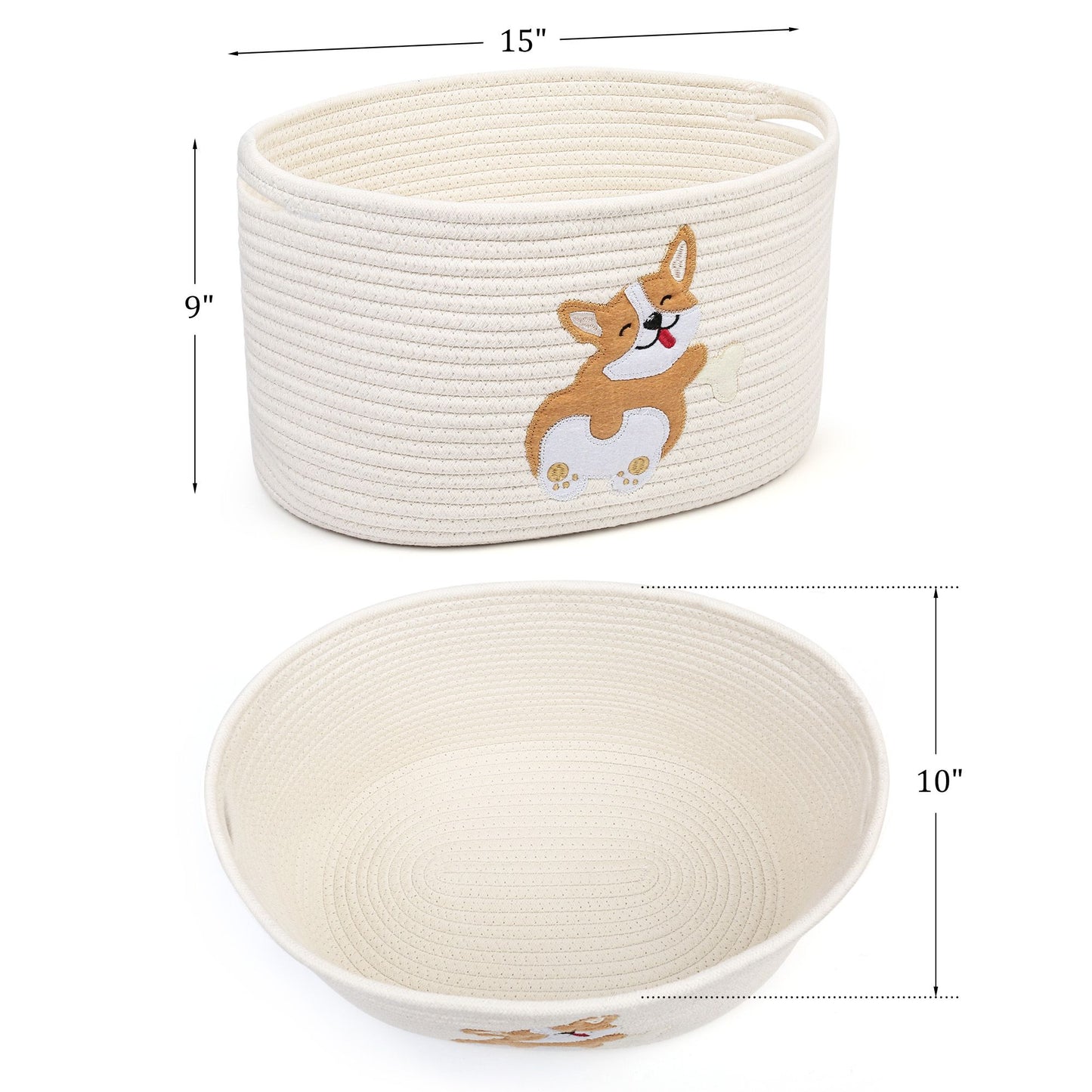 Prime Pets Cotton Rope Dog Toy Basket, Small Basket with Handles, Woven Storage Bin for Dogs Pets, 15x10x9 inch Pet Basket Container Holder for Toys PMT