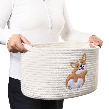 Prime Pets Cotton Rope Dog Toy Basket, Small Basket with Handles, Woven Storage Bin for Dogs Pets, 15x10x9 inch Pet Basket Container Holder for Toys PMT