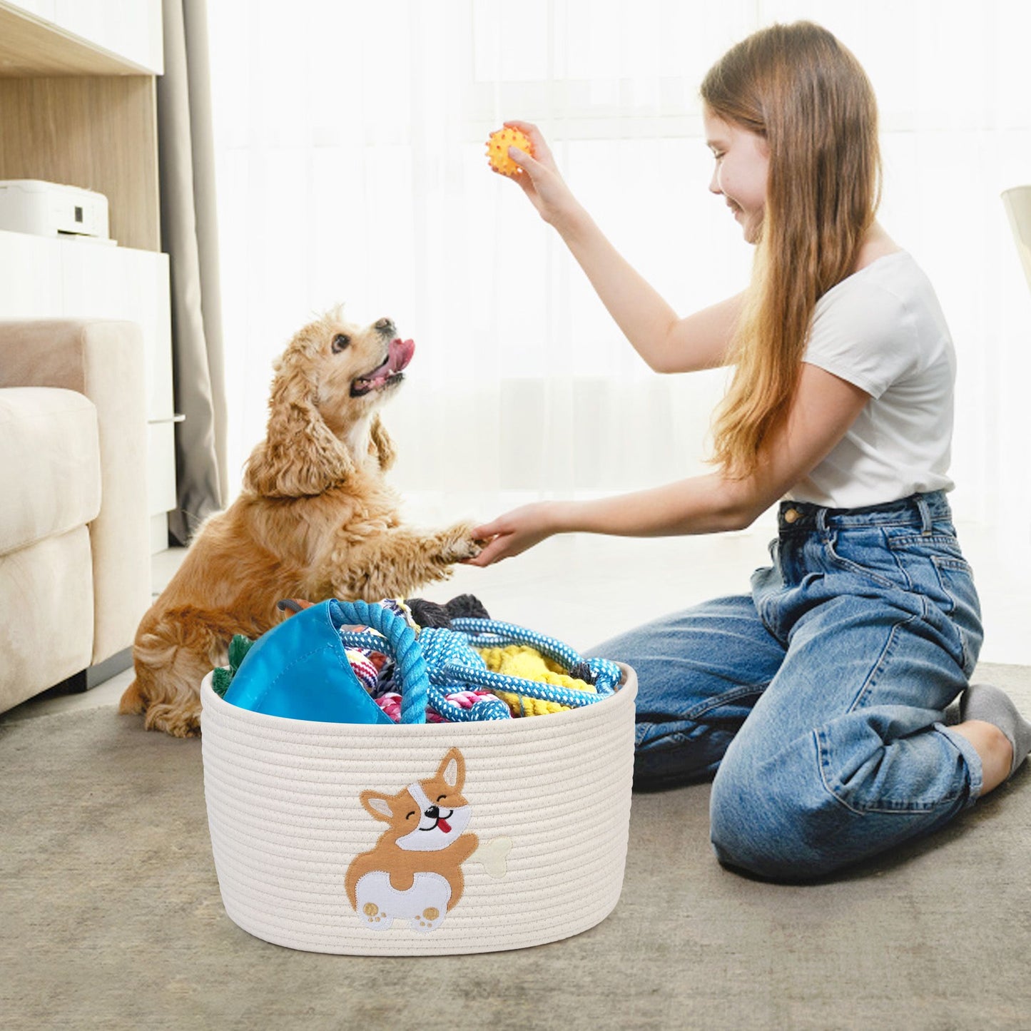 Prime Pets Cotton Rope Dog Toy Basket, Small Basket with Handles, Woven Storage Bin for Dogs Pets, 15x10x9 inch Pet Basket Container Holder for Toys PMT