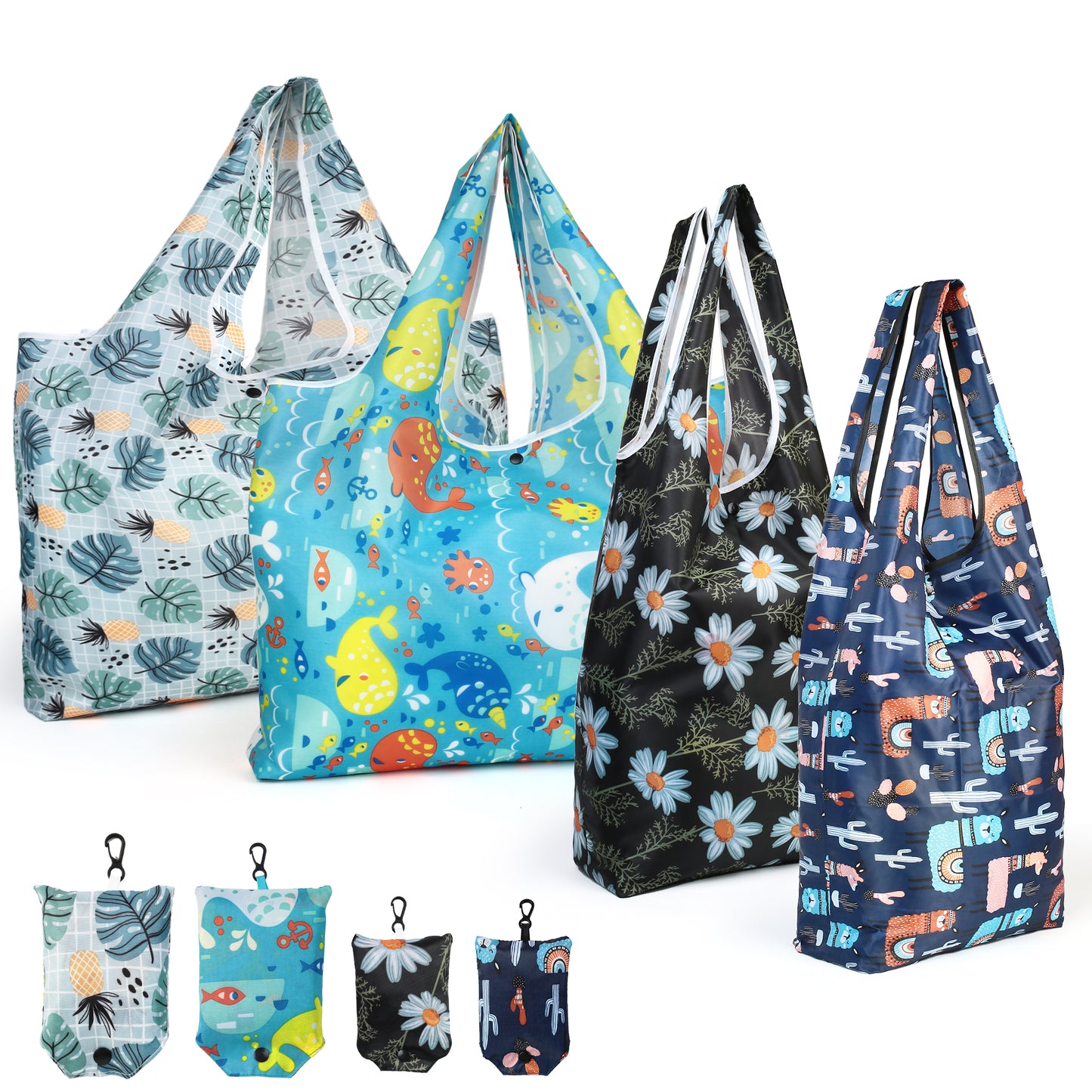 LotFancy Reusable Grocery Bags, Foldable Shopping Bags with Attached Pouch, Waterproof Nylon Grocery Bags