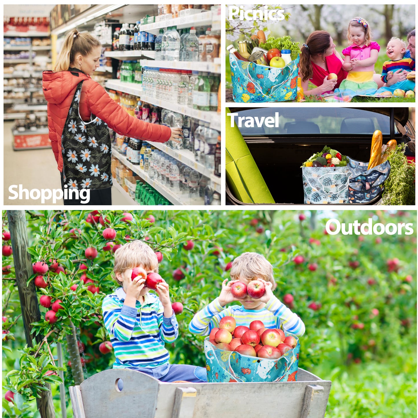 LotFancy Reusable Grocery Bags, Foldable Shopping Bags with Attached Pouch, Waterproof Nylon Grocery Bags