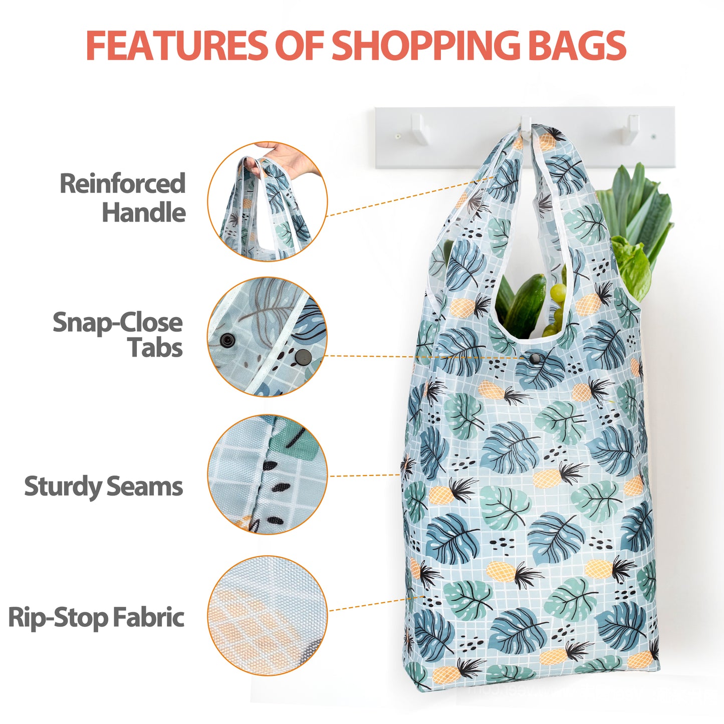 LotFancy Reusable Grocery Bags, Foldable Shopping Bags with Attached Pouch, Waterproof Nylon Grocery Bags