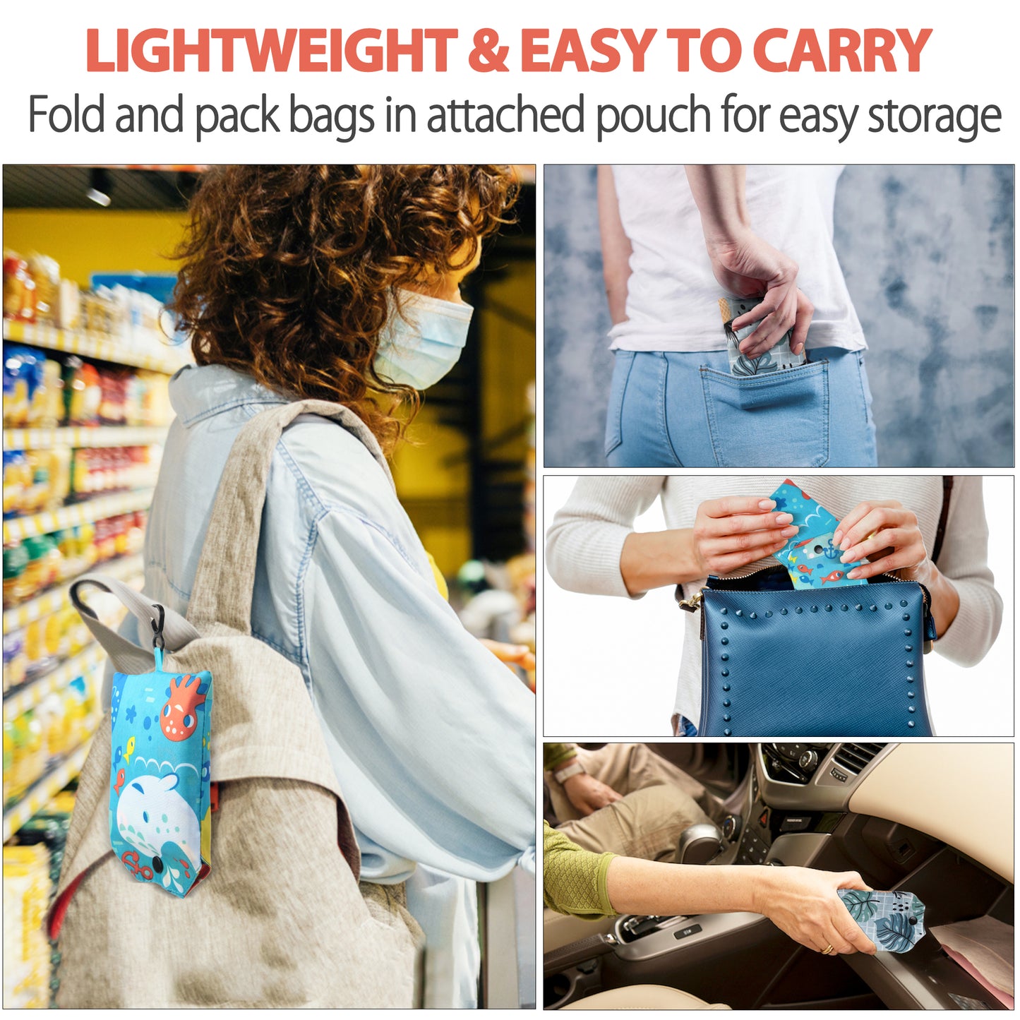 LotFancy Reusable Grocery Bags, Foldable Shopping Bags with Attached Pouch, Waterproof Nylon Grocery Bags