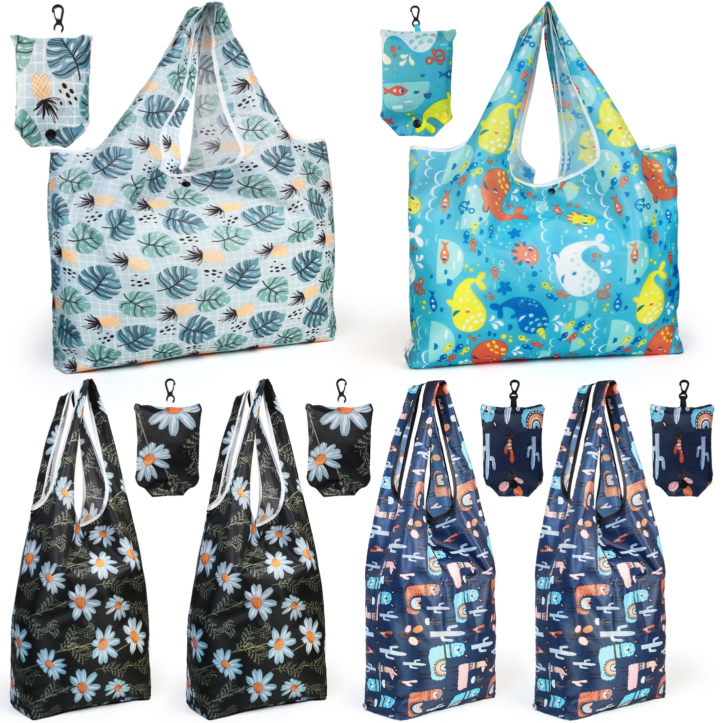 LotFancy Reusable Grocery Bags, Foldable Shopping Bags with Attached Pouch, Waterproof Nylon Grocery Bags