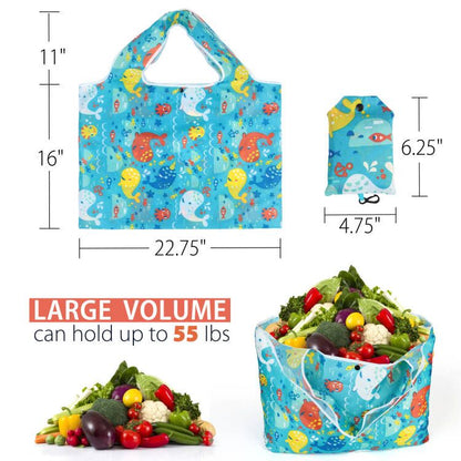 LotFancy Reusable Grocery Bags, Foldable Shopping Bags with Attached Pouch, Waterproof Nylon Grocery Bags
