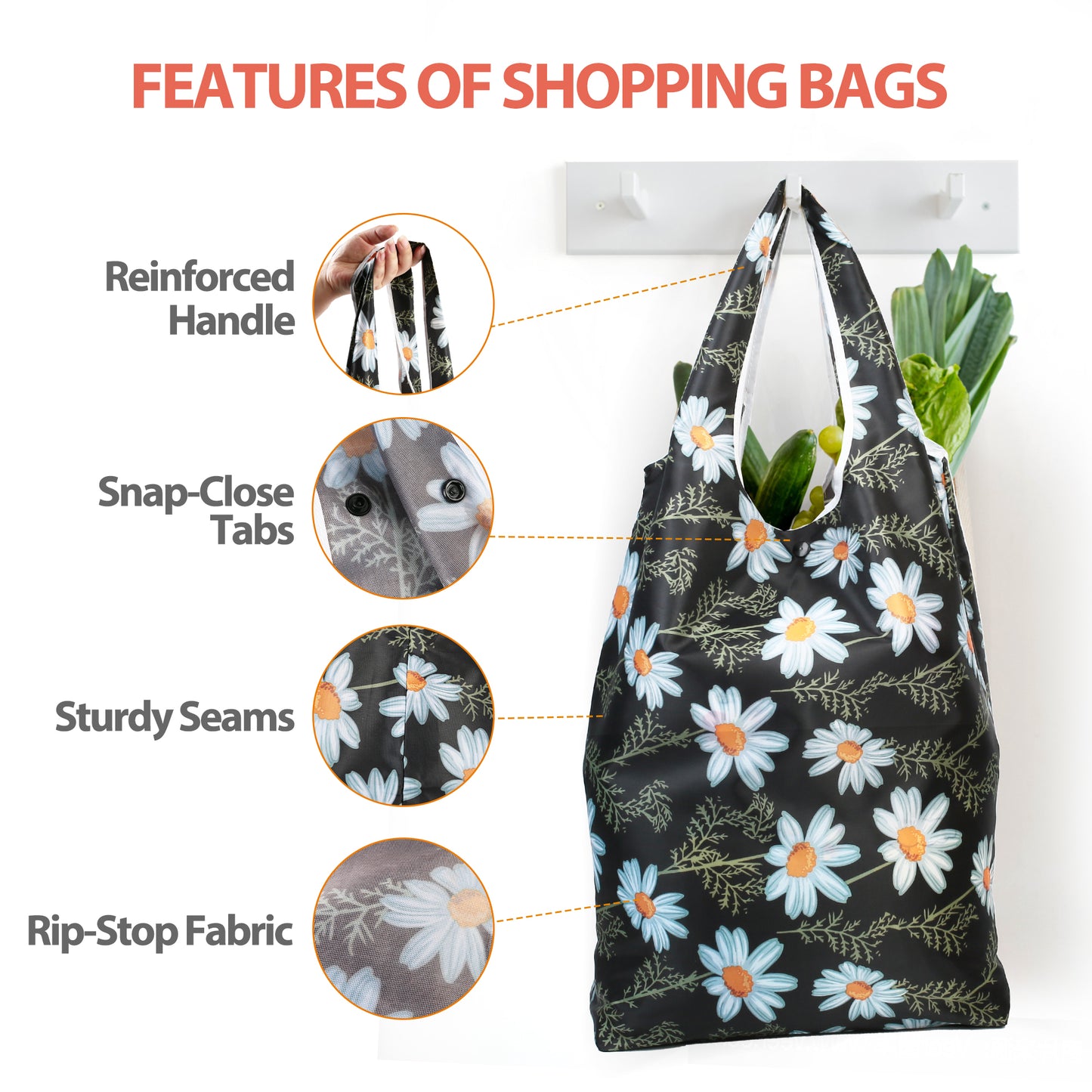 LotFancy Reusable Grocery Bags, Foldable Shopping Bags with Attached Pouch, Waterproof Nylon Grocery Bags